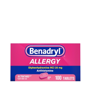Benadryl Ultratabs Antihistamine Allergy Relief Medicine Diphenhydramine HCl Tablets for Relief of Cold  Allergy Symptoms Such as Sneezing Runny Nose  Itchy Eyes  Throat 100 ct