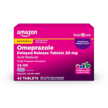 Amazon Basic Care Omeprazole Delayed Release Tablets 20 mg Acid Reducer Wildberry Mint Coated Tablet Heartburn Medicine 42 Count