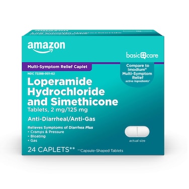 Amazon Basic CareLoperamide Hydrochloride 2 mg and Simethicone 125 mg Tablets MultiSymptom AntiDiarrhea Medicine Gas Relief 24 Count