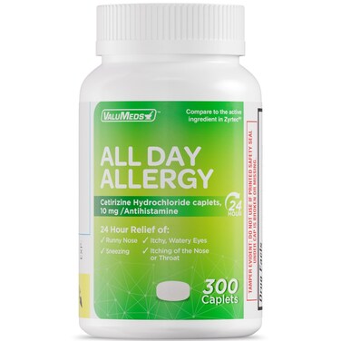 ValuMeds 24Hour Allergy Medicine 300Count Antihistamine for Pollen Hay Fever Dry Itchy Eyes Allergies  Cetirizine HCl 10mg Caplets Compare to Zyrtec