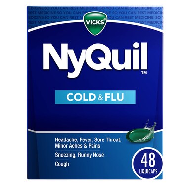 VicksNyQuil Cold and Flu Relief Liquid Medicine Powerful MultiSymptom Nighttime Relief for Headache Fever Sore Throat Minor Aches and Pains Sneezing Runny Nose and Cough 48 Liquicaps