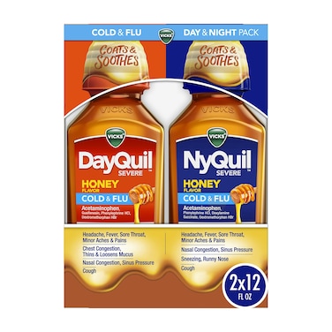 Vicks DayQuil  NyQuil SEVERE Honey Cold  Flu Medicine Relief for Headache Fever Sore Throat Minor Aches  Pains Nasal Congestion Sinus Pressure Stuffy Nose  Cough Honey Flavor 2x12 OZ