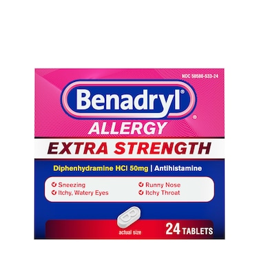 BenadrylExtra Strength Antihistamine Allergy Relief Medicine 50 mg Diphenhydramine HCl Tablets for Relief of Allergy Symptoms Due to Hay Fever or Other Upper Respiratory Allergies 24 ct