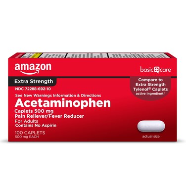 Amazon Basic Care Extra Strength Pain Relief Acetaminophen Caplets 500 mg Pain RelieverFever Reducer 100 Count Packaging may vary