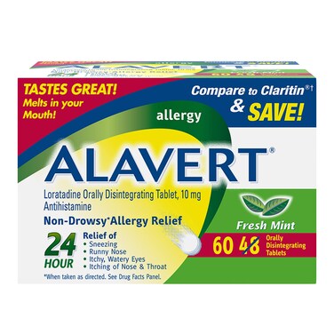 AlavertAllergy 24 Hour Relief Fresh Mint Flavor Orally Disintegrating Allergy Tablets Nondrowsy Antihistamine Loratadine 10mg 60 Count