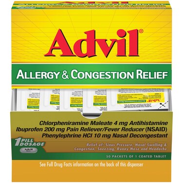 Advil Allergy and Congestion Relief Tablets Pain Reliever Fever Reducer and Allergy Relief with Ibuprofen Phenylephrine HCl and Chlorpheniramine Maleate 4 mg  50 Coated Tablets