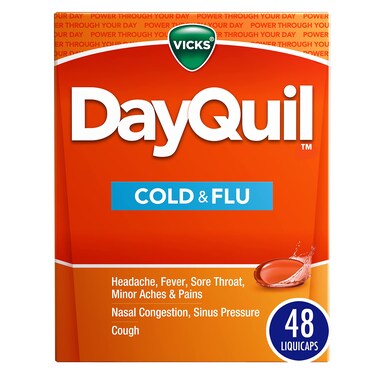 VicksDayQuil Cold  Flu Medicine NonDrowsy Powerful MultiSymptom Daytime Relief for Headache Fever Sore Throat Minor Aches and Pains Nasal Congestion Sinus Pressure and Cough 48 Liquicaps