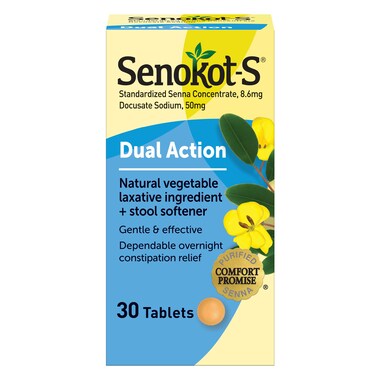 Senokot S Dual Action Natural Vegetable Laxative Ingredient Plus Stool Softener Tablets Gentle Dependable Overnight Relief of Occasional Constipation 30 Count