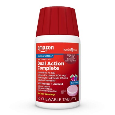 Amazon Basic Care Dual Action Complete Chewable Acid Reducer Plus Antacid Tablets Berry Flavor Heartburn Medicine Acid Indigestion Relief 50 Count
