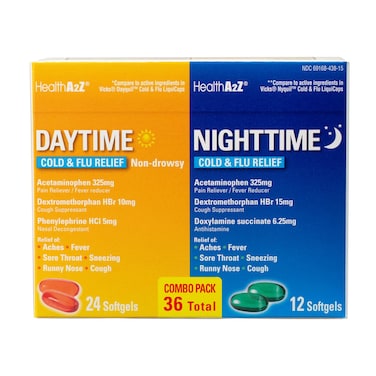 HealthA2Z Daytime and Nighttime  Cold  Flu Medicine  Powerful MultiSymptom Daytime and Nighttime Relief 20 Softgels Daytime  Nighttime Combo 36 Count Pack of 1