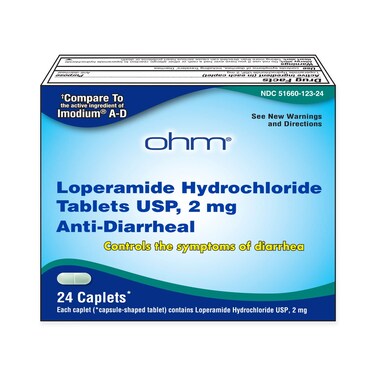Ohm Loperamide Hydrochloride caplets 2 mg AntiDiarrheal 24 Count
