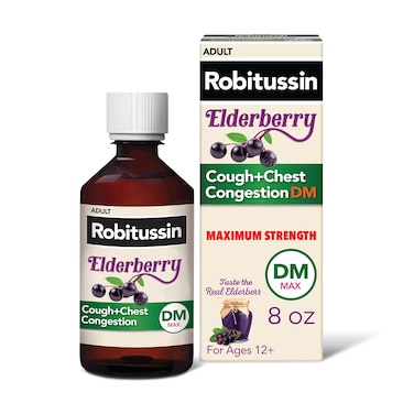 Robitussin Maximum Strength Elderberry Cough Plus Chest Congestion DM Cough Suppressant for Adults Providing Non Drowsy Liquid Cough and Chest Congestion Relief  8 Fl Oz