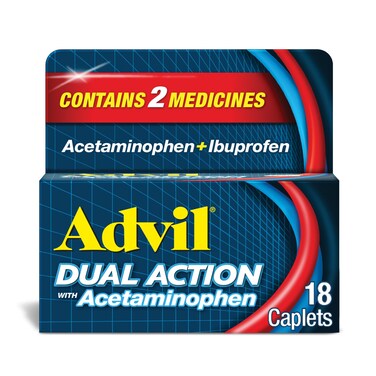 Advil Dual Action Coated Caplets with Acetaminophen 250 Mg Ibuprofen and 500 Mg Acetaminophen Per Dose 2 Dose Equivalent for 8 Hour Pain Relief  18 Count
