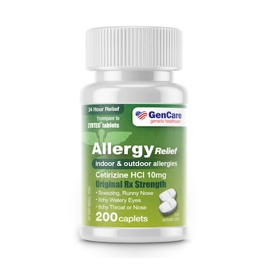 GenCare  Cetirizine HCL 10 mg 200 Caplets  24 Hour Allergy Relief Pills  Non Drowsy Generic OTC Allergy Medication  Antihistamine Medicine for Sneezing Runny Nose  Itchy Eyes  Generic Zyrtec