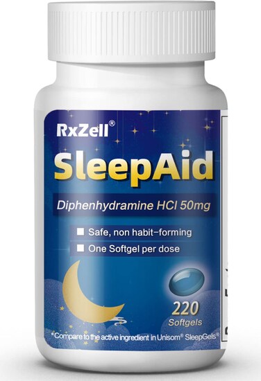 Sleep Aid Diphenhydramine HCl 50mg 220 Softgels  Fall Asleep Faster Deeper Restful Sleeping Non HabitForming