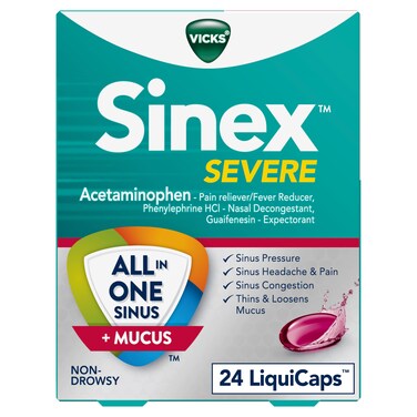 VicksSinex SEVERE AllInOne Sinus  Mucus Relief NonDrowsy Loosens Mucus Maximum Strength Relief of Pain Pressure Congestion  Headache Relief 24 LiquiCaps