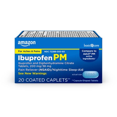 Amazon Basic Care Ibuprofen PM Ibuprofen 200 mg and Diphenhydramine Citrate 38 mg Tablets Pain Reliever and Nighttime SleepAid 20 Count
