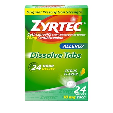 Zyrtec24 Hour Allergy Relief Dissolving Tablets with 10 mg Cetirizine HCl Antihistamine Allergy Medicine for Relief from Allergies Caused by Ragweed  Tree Pollen Citrus Flavor 24 ct