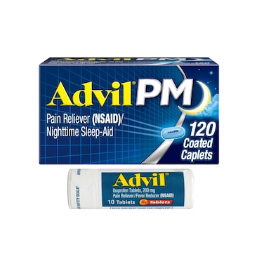 Advil PM Pain Reliever and Nighttime Sleep Aid Ibuprofen for Pain Relief and Diphenhydramine Citrate for a Sleep Aid  120 Coated Caplets and Pain Reliever and Fever Reducer 10 Count Tablets