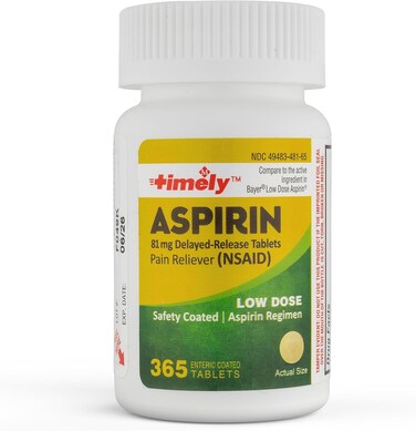 Timely  Low Dose Aspirin 81mg  365 Count  Compared to the active ingredient in Bayer Low Dose  Enteric Coated Low Strength  Pain Reliever for Minor Aches and Pains Fever Reducer  Made in USA