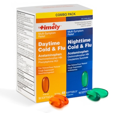 Timely Day and Night Cold and Flu Medicine  32 Daytime and 16 Nighttime Cold and Flu Softgels  Compared to The Active Ingredients in Vicks DayQuil  NyQuil Cold  Flu LiquiCaps  Nasal Decongestant