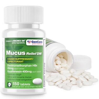 GenCare  Mucus Relief DM 150 Count Value Bottle Dextromethorphan HBr 20mg Guaifenesin 400mg  Generic Mucus Relief DM  Immediate Release Uncoated Cough  Mucus Expectorant Pill