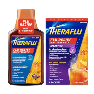 Theraflu Max Strength Daytime Flu Symptom Relief Honey and Elderberry Syrup 83 Fl Oz and Nighttime Flu Symptom Relief Honey Lemon Flavor  6 Count