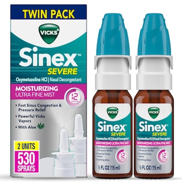 VicksSinex Severe Nasal Spray Moisturizing Ultra Fine Mist with Aloe Decongestant Medicine Relief from Stuffy Nose Due to Cold or Allergy Nasal Congestion  Sinus Pressure Relief 265 Sprays x 2