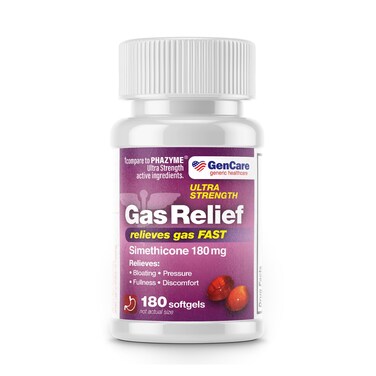 GenCare  Ultra Strength Simethicone Gas Relief 180 mg 180 Softgels  Anti Flatulence Bloating Aid Stomach Discomfort and Gas Pressure Reliever Pills  Relieves Gas Fast  Generic Phazyme