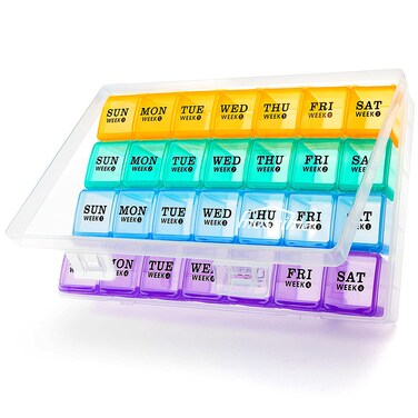 XL Large Monthly Pill Organizer 4 Weeks 28 Day Pill Organizer Weekly Big Compartment with Travel Case 7 Day Pill Dispenser 4 Times a Day Medicine Organizer Box for Vitamin Fish Oil