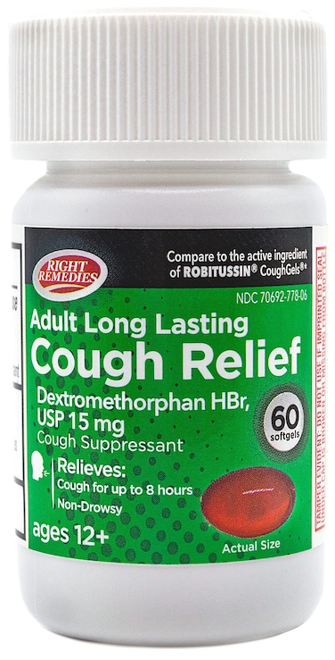 Cough Relief Softgels Dextromethorphan HBr 15mg up to 8Hour LongLasting Non Drowsy Bronchial Suppressant Generic Robitussin Coughgels 60 Softgels