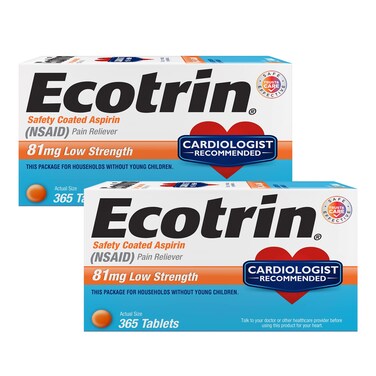 EcotrinSafety Coated Aspirin Pain Reliever Tablets Low Strength NSAID 81mg 365 ct Pack of 2