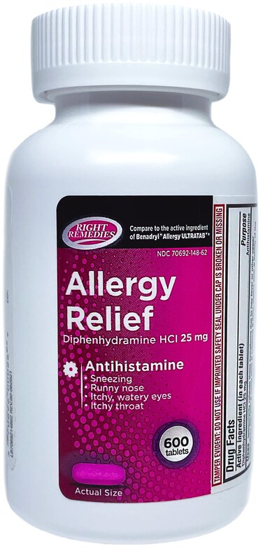 Allergy Relief Antihistamine Diphenhydramine HCl 25mg 600 Count Generic Benadryl Ultratabs Relieves Seasonal Indoor or Outdoor Upper Respiratory Allergies