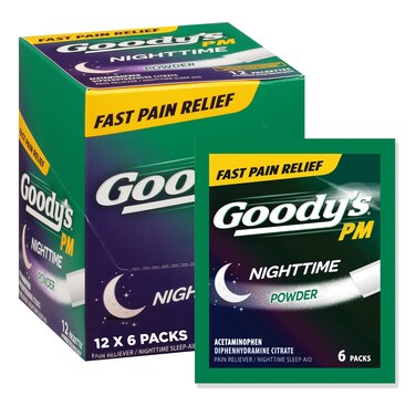 Goodys PM Nighttime Powder Acetaminophen 500mg Dissolve Packs for Pain with Sleeplessness 6 Individual Packets 12 Pack