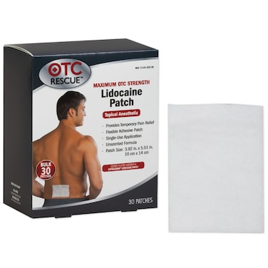 OTC Rescue 4 Lidocaine Pain Relief Patch  Maximum OTC Strength  30Count  393 x 551  Soothes Minor Aches and Pains  Odor Free  Topical Anesthetic  Easy to Apply Flexible Adhesive