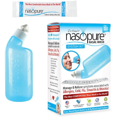 Nasopure Nasal Wash System Kit The Nicer Neti Pot Sinus Wash Kit Comfortable Nasal Rinse 8 Oz Bottle  20 Salt Packets 375 Grams Each Nasal Congestion Cold Flu Allergy Nasal Irrigation