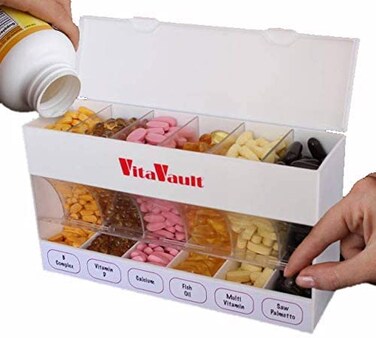 VitaVault Six Compartment Pill Organizer for Medications Vitamins and Supplements