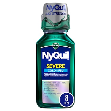 Vicks NyQuil SEVERE Cold and Flu Relief Liquid Medicine Maximum Strength 9Symptom Nighttime Relief For Headache Fever Sore Throat Nasal Congestion Sinus Pressure Runny Nose Cough 8 FL OZ