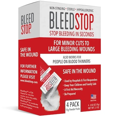 BleedStop First Aid Powder for Blood Clotting Trauma Kit Blood Thinner Patients Camping Safety and Survival Equipment for Moderate to Severe Bleeding Wounds or Nosebleeds  4 15g Pouches