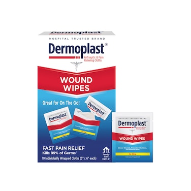 Dermoplast Wound Wipes Medicated First Aid Cloths Analgesic  Antiseptic Wipes for Treating Minor Cuts Scrapes and Burns on The Go Sting Free Formula 10 Individual Cloths Packaging May Vary