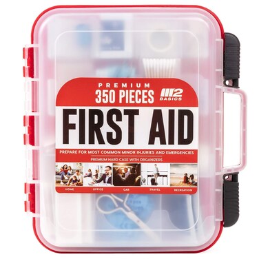 M2 BASICS Professional 350 Piece Emergency First Aid Kit  Business  Home Medical Supplies  Hard Case Dual Layer Wall Mountable  Office Car School Camping Hunting Sports