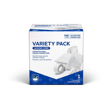 Rite Aid First Aid Gauze Pads Variety Pack  Includes 25 Assorted Gauze Pads  Tape  Sterile Gauze Pads  First Aid Kit  Wound Care Supplies