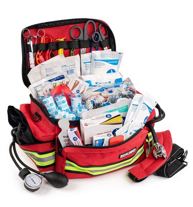 Scherber First Responder FullyStocked Professional Essentials EMTEMS Trauma Kit  HSAFSA Approved  Reflective Bag w8 Zippered Pockets  Compartments  200 First Aid Supplies  Red