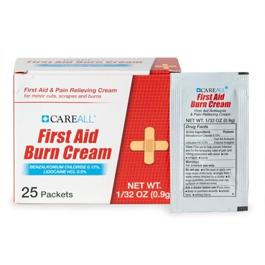 CareALL First Aid Burn Relief Cream 09g Packets Pack of 25 Pain Relieving First Aid Cream for Temporary Relief of Pain from Minor Burns Cuts and Scrapes Prevents Infection