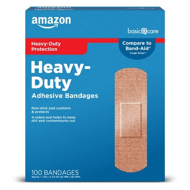 Amazon Basic CareHeavyDuty Fabric Adhesive Bandages First Aid and Wound Care Supplies One Size 100 Count