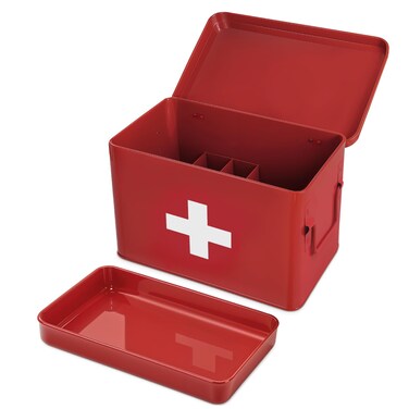 Plexon First Aid Supplies Bin 85 Metal Medicine Storage Tin First Aid Box Organizer Red First Aid Kit