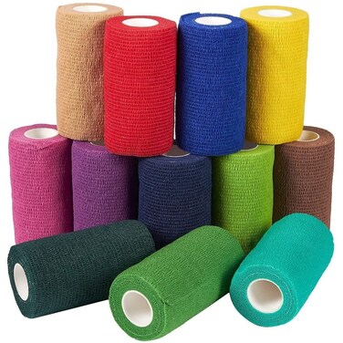 Juvale 12 Rolls Colorful Self Adhesive Bandage Wrap 4 Inch Wide x 5 Yards  Cohesive Vet Tape for First Aid Sports Tattoo 12 Colors