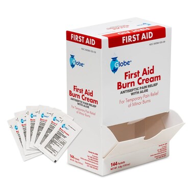 Globe First Aid Burn Cream 09g Packets Box of 144 Advanced First Aid Cream for Temporary Relief of Minor Burns Cuts and Scrapes