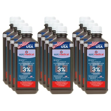 H2O2 Hydrogen Peroxide Solution 3 USP  16 oz First Aid Antiseptic  Multipurpose Cleaner  Hydrogen Peroxide Mouthwash Topical Wash for Cuts  Scrapes  16oz Pack of 12