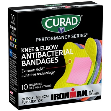 CURAD Performance Series IRONMAN Antibacterial Bandages Extreme Hold Adhesive Technology Knee  Elbow 3 inches x 3 inches 10 Count Ideal for Cuts Scrapes Sports and Active Lifestyles